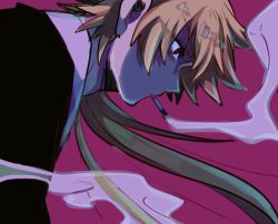 Rule 34 | 1boy, blonde hair, cigarette, closed mouth, fifteen (katana zero), formal, from side, highres, katana zero, long hair, mako gai, male focus, messy hair, ponytail, purple background, red eyes, shirt, simple background, smoke, smoking, solo, suit, very long hair