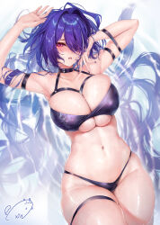 Rule 34 | 1girl, acheron (honkai: star rail), ahoge, alternate breast size, alternate costume, arm strap, arms up, artist logo, bikini, black bikini, black choker, blush, breasts, choker, cleavage, commentary, criss-cross halter, english commentary, eyes visible through hair, hair intakes, hair over one eye, hair spread out, halterneck, highres, honkai: star rail, honkai (series), huge breasts, knees out of frame, long hair, looking at viewer, mixed-language commentary, multicolored hair, nail polish, navel, obiwan, partially submerged, purple eyes, purple hair, purple nails, signature, skindentation, solo, stomach, streaked hair, swimsuit, thigh strap, very long hair, weisuoxin, wet
