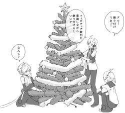 Rule 34 | 3boys, bare shoulders, blue moon (module), box, christmas garland, christmas ornaments, christmas tree, commentary, d futagosaikyou, decorating, detached sleeves, from behind, garland (decoration), gloves, greyscale, headphones, kagamine len, kagamine len (append), leg warmers, crossed legs, male focus, monochrome, multiple boys, multiple persona, pants, project diva (series), sailor collar, shirt, short ponytail, short sleeves, shorts, sleeveless, sleeveless shirt, speech bubble, spiked hair, squatting, star (symbol), sweat, translated, vest, vocaloid, vocaloid append, white background