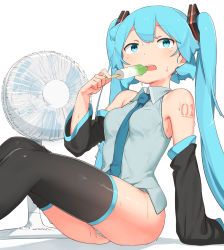 Rule 34 | 1girl, abmayo, aqua hair, aqua necktie, bare shoulders, black thighhighs, blush, breasts, commentary request, detached sleeves, feet out of frame, food, grey background, hair ornament, hand fan, hatsune miku, highres, holding, long hair, medium breasts, necktie, no pants, open mouth, panties, shoulder tattoo, simple background, sitting, skindentation, solo, striped clothes, striped panties, sweat, tattoo, teeth, thighhighs, twintails, underwear, upper teeth only, vocaloid