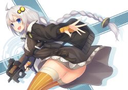 Rule 34 | 1girl, :d, ahoge, ass, blue eyes, blush, braid, breasts, bullpup, commentary request, dress, gun, hair between eyes, hair ornament, hetaren (ramark), highres, holding, holding weapon, horizontal magazine, jacket, kizuna akari, long hair, long sleeves, looking at viewer, open mouth, p90, personal defense weapon, silver hair, simple background, smile, solo, standing, submachine gun, thighhighs, twin braids, very long hair, vocaloid, voiceroid, weapon