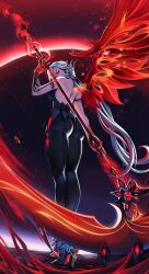 Rule 34 | 1girl, arlecchino (genshin impact), ass, backless bodysuit, black bodysuit, black eyes, black hair, black hands, bodysuit, breasts, commentary, dark background, fiery wings, fire, genshin impact, glowing, glowing eye, grey hair, high heels, highres, holding, holding scythe, large breasts, long hair, looking at viewer, looking back, lunart, multicolored hair, red pupils, revision, scythe, single wing, solo, standing, streaked hair, very long hair, wings
