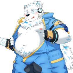 Rule 34 | 1boy, :q, animal ears, assault visor, bara, bare pectorals, belly, blue fur, blush, bulge, cowboy shot, dog boy, dog ears, fat, fat man, furry, furry male, highres, large pectorals, live a hero, looking at viewer, male focus, multicolored hair, navel, navel hair, nipples, nyaoru (ruoain), open jumpsuit, pectorals, solo, standing, stomach, streaked hair, thick eyebrows, tongue, tongue out, undressing, white fur, yohack