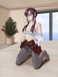 Rule 34 | 00s, 1girl, bed, black pantyhose, blue eyes, bra, breasts, censored, clothes lift, cloud, convenient censoring, day, evangelion: 2.0 you can (not) advance, feet, glasses, hair censor, hair over breasts, lingerie, makinami mari illustrious, medium breasts, neon genesis evangelion, panties, panties under pantyhose, pantyhose, plaid, plaid skirt, purple hair, rebuild of evangelion, school uniform, skirt, skirt lift, sky, solo, strap slip, thighband pantyhose, underwear, undressing, winbay01