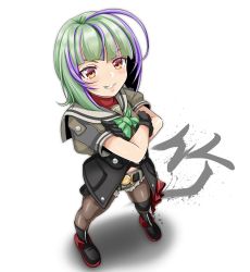 Rule 34 | 1girl, antenna hair, black gloves, bob cut, brown eyes, brown shorts, character name, commentary request, crossed arms, cutoffs, full body, gloves, green hair, green neckwear, grey sailor collar, grin, highres, inverted bob, kantai collection, knee pads, multicolored hair, pantyhose, purple hair, sailor collar, sailor shirt, school uniform, serafuku, shirt, short shorts, shorts, simple background, single knee pad, smile, solid oval eyes, solo, standing, streaked hair, take (kancolle), tk8d32, white background, zipper pull tab