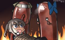 Rule 34 | &gt;:o, 1girl, arms behind back, asakaze (kancolle), black legwear, blonde hair, blue eyes, blush, bound, couch, dated, fire, food, graf zeppelin (kancolle), hair between eyes, hamu koutarou, highres, jintsuu (kancolle), kantai collection, long hair, looking to the side, military, military uniform, objectification, open mouth, role reversal, rope, sausage, sidelocks, signature, sweat, twintails, uniform, v-shaped eyebrows