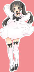 Rule 34 | 1girl, :o, absurdres, arms up, bad id, bad pixiv id, black bow, black bowtie, black collar, black footwear, black hair, blush, bow, bowtie, buttons, character request, collar, collarbone, commentary request, copyright request, dress, eyelashes, eyes visible through hair, full body, highres, jewelry, karasuma yayoi, lace, lace-trimmed dress, lace trim, legwear garter, long hair, long sleeves, looking at viewer, mary janes, open mouth, outline, pendant, petticoat, pink background, purple eyes, raised eyebrows, sailor collar, shoes, simple background, sleeve cuffs, solo, standing, thighhighs, twintails, white dress, white outline, white thighhighs