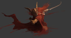 Rule 34 | 1girl, cape, covered face, elden ring, eruthu, fighting stance, floating hair, grey background, helmet, highres, holding, holding sword, holding weapon, long hair, malenia blade of miquella, red cape, red hair, signature, simple background, solo, sword, upper body, weapon, winged helmet