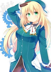 Rule 34 | 10s, 1girl, ashino, atago (kancolle), black gloves, blonde hair, blue hat, breasts, gears, gloves, green eyes, hat, kantai collection, long hair, looking at viewer, military, military uniform, pantyhose, personification, salute, smile, solo, uniform
