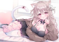 Rule 34 | 1girl, :o, absurdres, animal ear fluff, animal ears, babydoll, bell, black babydoll, black footwear, blush, breasts, brown cardigan, brown hair, cardigan, cat ears, cat girl, cat tail, cleavage, commentary, commission, eyeshadow, hand up, highres, indie virtual youtuber, indoors, kabashima hana, large breasts, long hair, looking at viewer, lying, makeup, mole, mole under eye, neck bell, off shoulder, on side, open mouth, pink eyeshadow, red eyes, single thighhigh, skeb commission, solo, tail, thighhighs, two side up, uise iu, virtual youtuber, wavy hair, white thighhighs