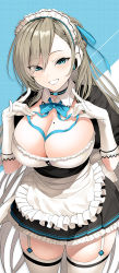 Rule 34 | 1girl, apron, asuna (blue archive), black dress, blue archive, blue eyes, blue neckwear, breasts, cleavage, dress, elbow gloves, garter straps, gloves, headset, highres, inuzumi masaki, large breasts, long hair, maid, maid headdress, mole, mole on breast, neckwear between breasts, platinum blonde hair, short sleeves, simple background, solo, thighhighs, white apron, white gloves, white thighhighs