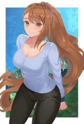 Rule 34 | 1girl, artist name, beatrix (granblue fantasy), black pants, blue sweater, blush, border, breasts, brown eyes, brown hair, casual, cleavage, collarbone, contemporary, forest, granblue fantasy, highres, large breasts, lazycoffee (wyen iscordo), long hair, looking at viewer, nature, pants, ponytail, signature, smile, solo, sweater, very long hair, white border