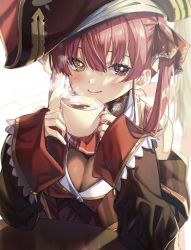 Rule 34 | 1girl, bare shoulders, blush, breasts, cleavage, coffee, cup, hair ribbon, hat, heterochromia, highres, hololive, houshou marine, large breasts, long hair, looking at viewer, open mouth, red eyes, red hair, ribbon, see-through, see-through cleavage, shuri (84k), smile, solo, twintails, virtual youtuber, yellow eyes