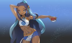 Rule 34 | 1girl, absurdres, arm up, armband, armlet, armpits, blue eyes, blue hair, breasts, closed mouth, cowboy shot, creatures (company), crop top, dark-skinned female, dark skin, earrings, eyeshadow, game freak, glint, gym leader, highres, holding, holding poke ball, hoop earrings, jewelry, light smile, long hair, makeup, medium breasts, midriff, multicolored hair, navel, necklace, nessa (pokemon), nintendo, outstretched arm, parted bangs, poke ball, poke ball (basic), pokemon, pokemon swsh, romana, short shorts, shorts, sidelocks, simple background, solo, two-tone hair, underboob, very long hair