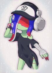 Rule 34 | 1girl, arm up, bandaged arm, bandages, baseball cap, black dress, blue hair, cephalopod eyes, closed mouth, colored skin, commentary request, cropped legs, dedf1sh, dress, eyes visible through eyewear, gradient hair, green skin, grey background, hat, headphones, headphones over headwear, highres, long hair, multicolored hair, nintendo, octoling, off shoulder, panu, print headwear, red-tinted eyewear, red hair, sanitized (splatoon), side slit, single bare shoulder, solo, splatoon (series), splatoon 3, splatoon 3: side order, tentacle hair, tinted eyewear, two-tone hair
