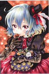 Rule 34 | 1girl, alternate costume, bat wings, blue hair, blush, candy, commentary, eating, fang, fishnet gloves, fishnets, food, gloves, halloween, hat, mosho, necktie, puffy short sleeves, puffy sleeves, pumpkin, red eyes, remilia scarlet, short sleeves, skirt, solo, top hat, touhou, traditional media, upper body, wings