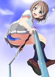 Rule 34 | 1girl, absurdres, ankoiri, arm support, ass, black socks, blue eyes, blue panties, brown footwear, brown hair, cloud, cloudy sky, day, deep skin, from below, full body, grey skirt, highres, kneehighs, loafers, looking at viewer, looking back, love live!, love live! sunshine!!, miniskirt, neckerchief, open mouth, outdoors, panties, pantyshot, playground, pleated skirt, red neckerchief, school uniform, serafuku, shoes, short hair, short sleeves, sitting, skindentation, skirt, sky, smile, socks, solo, sparkle, striped clothes, striped skirt, underwear, upskirt, uranohoshi school uniform, watanabe you