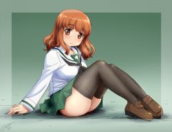 Rule 34 | 10s, 1girl, arm support, artist name, bad id, bad twitter id, black neckerchief, black thighhighs, blouse, blunt bangs, brown footwear, closed mouth, commentary request, dated, from side, full body, girls und panzer, green skirt, legs, loafers, long hair, long sleeves, looking at viewer, miniskirt, neckerchief, nyororiso (muyaa), ooarai school uniform, orange eyes, orange hair, pleated skirt, school uniform, serafuku, shirt, shoes, signature, sitting, skindentation, skirt, smile, solo, takebe saori, thighhighs, thighs, white shirt