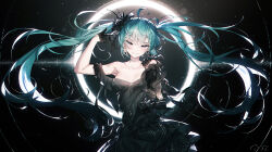 Rule 34 | 1girl, aqua eyes, aqua hair, asymmetrical gloves, bare shoulders, black dress, black gloves, breasts, cleavage, collarbone, dress, earrings, elbow gloves, finger gun, finger gun to head, gloves, hair between eyes, hair ornament, hatsune miku, highres, jewelry, long hair, looking at viewer, medium breasts, open mouth, qys3, single strap, smile, solo, twintails, very long hair, vocaloid