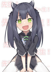 Rule 34 | 1girl, animal ears, binsen, black hair, blue archive, commentary request, green eyes, hair between eyes, hair ornament, highres, long hair, looking at viewer, open mouth, shun (blue archive), shun (small) (blue archive), simple background, sitting, solo, thighhighs, translation request, twintails, white background, white thighhighs, aged down