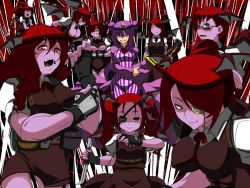 Rule 34 | 6+girls, breasts, commentary request, female focus, fingerless gloves, gloves, head wings, koakuma, large breasts, long hair, long sleeves, multiple girls, odd one out, patchouli knowledge, red eyes, red hair, short hair, tamuhi, touhou, wings