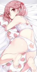 Rule 34 | 10s, 1girl, absurdres, animal print, ass, barefoot, bed sheet, blush, bow, bow bra, bra, breasts, rabbit print, feet, food print, hair bobbles, hair ornament, hamaken. (novelize), highres, jpeg artifacts, kantai collection, lying, hugging object, panties, pillow, pillow hug, pink hair, print panties, rabbit panties, rabbit print, sazanami (kancolle), small breasts, solo, strawberry print, two side up, underwear, underwear only, white bra, white panties