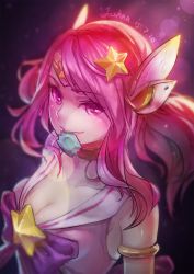 Rule 34 | 1girl, alternate costume, armband, artist name, blush, bow, breasts, choker, cleavage, collarbone, condom, condom in mouth, condom wrapper, dated, from above, hair ornament, hairclip, highres, joshua jin, league of legends, long hair, looking at viewer, lux (league of legends), mouth hold, pink eyes, pink hair, solo, star (symbol), star guardian (league of legends), star guardian lux