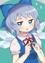 Rule 34 | 1girl, blue background, blue bow, blue eyes, blue hair, blush, bow, bright pupils, cirno, collared shirt, fidgeting, hair bow, hands up, ice, ice wings, index fingers together, jitome, looking at viewer, neck ribbon, nervous smile, puffy short sleeves, puffy sleeves, red ribbon, ribbon, sasa kichi, shirt, short hair, short sleeves, smile, solo, touhou, upper body, white shirt, wing collar, wings