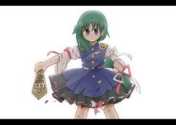 Rule 34 | 1girl, alternate hairstyle, bloom, blue eyes, blush, cut hair, cutting hair, female focus, green hair, hair ornament, holding, holding hair, letterboxed, looking at viewer, manaka (pdx), ribbon, rod of remorse, shiki eiki, short hair, simple background, skirt, solo, tears, torn clothes, touhou, white background