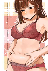 Rule 34 | 1girl, armpits, belly grab, blush, border, bra, breasts, brown eyes, brown hair, cleavage, closed mouth, collarbone, fingernails, half-closed eyes, large breasts, lingerie, long hair, medium breasts, mole, mole on armpit, mole on breast, navel, official art, original, outline, panties, patterned, patterned background, plump, pout, red bra, red panties, shiny skin, skindentation, solo, underwear, weight conscious, white border, yasuda kousuke