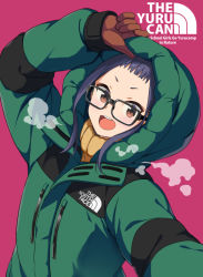 Rule 34 | 1girl, arm up, black-framed eyewear, blush, brown eyes, brown gloves, coat, commentary request, copyright name, english text, forehead, glasses, gloves, green coat, hood, hood up, hooded coat, long sleeves, looking at viewer, mirai denki, oogaki chiaki, outstretched arm, purple hair, round teeth, selfie, short hair, sidelocks, solo, teeth, the north face, turtleneck, upper body, upper teeth only, yurucamp, zipper