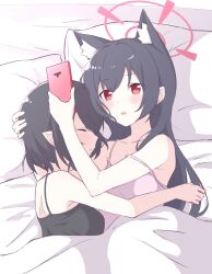 Rule 34 | 2girls, 2o1 (nogarudo203), animal ear fluff, animal ears, ayane (blue archive), bare shoulders, bed, black camisole, black hair, blue archive, camisole, cat ears, closed eyes, commentary request, cuddling, hair between eyes, halo, hand on another&#039;s head, highres, holding, holding phone, hug, long hair, multiple girls, parted bangs, parted lips, phone, pillow, pointy ears, purple camisole, red eyes, red halo, serika (blue archive), sleeping, sleepwear, spaghetti strap, strap slip, upper body, yuri