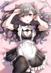 Rule 34 | 1girl, absurdres, animal ears, apron, arm up, bed sheet, black dress, black thighhighs, breasts, cat day, cat ears, cleavage, cleavage cutout, clothing cutout, collared dress, commentary request, dress, frilled dress, frills, garter straps, grey hair, hand up, highres, long hair, looking at viewer, lying, maid, medium breasts, nail polish, on back, original, parted lips, puffy short sleeves, puffy sleeves, purple eyes, red nails, short sleeves, solo, takenoko no you, teeth, thighhighs, upper teeth only, very long hair, white apron