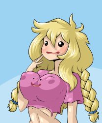Rule 34 | 1girl, black eyes, blonde hair, blue background, blush, borrowed character, bouncing breasts, braid, breasts, cleavage cutout, clothing cutout, collarbone, covered erect nipples, creatures (company), crop top, ditto, female focus, game freak, gen 1 pokemon, hair tie, hand up, highres, large breasts, limebreaker, living clothes, long hair, nintendo, open mouth, original, personification, pink shirt, pokemon, pokemon (creature), pokemon rgby, shirt, short sleeves, simple background, smile, solo focus, twin braids, two-tone background, upper body, wavy mouth