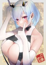 Rule 34 | 1girl, absurdres, animal ears, animal print, azur lane, bare shoulders, blue hair, breasts, covered erect nipples, cow ears, cow horns, cow print, elbow gloves, fake animal ears, gloves, hair behind ear, hairband, highres, horns, huge breasts, looking at viewer, oshida bob, purple eyes, sirius (azur lane), solo, swimsuit, white gloves, white hairband
