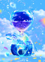 Rule 34 | artist name, blurry, blurry background, bubble, cloud, cloudy sky, day, falling petals, fish, flying, flying animal, flying whale, highres, hourglass, makoron117117, nature, no humans, original, petals, scenery, signature, sky, sparkle, water, water drop, whale