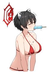 Rule 34 | 1girl, animal ears, artpatient, bare arms, bare shoulders, black hair, blue archive, blush, breasts, cleavage, collarbone, food, hair between eyes, halo, large breasts, open mouth, popsicle, red halo, sexually suggestive, short hair, simple background, tongue, tongue out, tsubaki (blue archive), white background