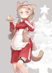 Rule 34 | 1girl, animal ears, apron, blush, braid, breasts, brown eyes, brown hair, cake, cake slice, cat ears, cat girl, cat tail, christmas tree, closed mouth, commentary request, feet out of frame, food, fork, frilled apron, frills, fruit, grey background, gym shorts, hair ornament, hair over shoulder, hairclip, highres, holding, holding fork, holding plate, jacket, long hair, low twintails, maid headdress, medium breasts, mitake eil, original, plate, red jacket, red shorts, shorts, simple background, solo, standing, star (symbol), strawberry, tail, track jacket, twin braids, twintails, very long hair, white apron