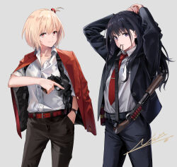 Rule 34 | 2girls, arms up, belt, black hair, black jacket, black pants, blonde hair, collared shirt, formal, gun, hair ribbon, hair tie in mouth, hand in pocket, holding, holding gun, holding weapon, holster, inoue takina, jacket, jacket on shoulders, long hair, looking at viewer, lycoris recoil, mouth hold, multiple girls, necktie, neko (yanshoujie), nishikigi chisato, open clothes, open jacket, pants, partially unbuttoned, pump action, purple eyes, red belt, red eyes, red jacket, red necktie, red ribbon, remington 870, ribbon, shirt, short hair, shotgun, shotgun shell, shoulder holster, signature, smile, suit, watch, weapon, white shirt, wristwatch