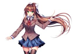 Rule 34 | 1girl, artist name, black thighhighs, blazer, blue skirt, blush, bow, breasts, brown hair, brown jacket, brown vest, collared shirt, doki doki literature club, floating hair, green eyes, hair between eyes, hair intakes, hand up, high ponytail, index finger raised, jacket, layered sleeves, long hair, long sleeves, looking at viewer, monika (doki doki literature club), neck ribbon, open mouth, pleated skirt, ponytail, red ribbon, ribbon, sasucchi95, shirt, sidelocks, simple background, skirt, smile, solo, teeth, thighhighs, upper teeth only, very long hair, vest, walking, white background, white bow, white shirt