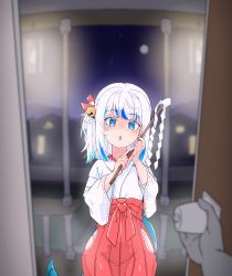 Rule 34 | 1girl, blue eyes, blue hair, blush, door, doorway, fins, fish tail, gawr gura, gohei, hair ornament, hakama, highres, hololive, hololive english, japanese clothes, miko, moral cacoethes, multicolored hair, pov doorway, red hakama, shark tail, skirt, streaked hair, tail, virtual youtuber, white hair