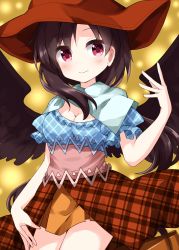 Rule 34 | 1girl, argyle, argyle clothes, argyle shirt, black wings, blue shirt, breasts, brown hair, brown hat, brown skirt, cleavage, closed mouth, cowboy hat, cowboy shot, hair over shoulder, hand up, hat, highres, kurokoma saki, looking at viewer, medium breasts, medium hair, one-hour drawing challenge, orange skirt, parted bangs, pegasus wings, plaid, plaid skirt, red eyes, ruu (tksymkw), shirt, simple background, skirt, smile, solo, standing, touhou, wings, yellow background