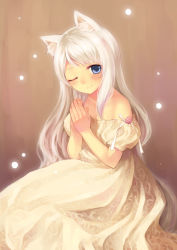 Rule 34 | 1girl, absurdres, animal ears, bad id, bad pixiv id, bare shoulders, blue eyes, blush, brown background, dress, highres, long hair, looking at viewer, one eye closed, original, own hands together, sitting, solo, tsubasa tsubasa, white dress, white hair, wink