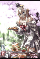 Rule 34 | 10s, 1girl, blonde hair, blue eyes, blurry, bottle, braid, cherry blossoms, cowboy shot, crown, depth of field, dress, food, french braid, garter straps, glass, hanami, highres, jewelry, kantai collection, long hair, long sleeves, mini crown, necklace, off-shoulder dress, off shoulder, sandwich, seitei (04seitei), solo, table, thighhighs, tomato, warspite (kancolle), white dress