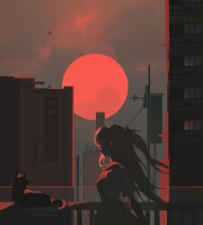 Rule 34 | 1girl, absurdres, balcony, black cat, building, cat, chinese commentary, city, commentary request, faceless, from side, full moon, grey sky, high contrast, highres, huge moon, limited palette, long hair, moon, neon genesis evangelion, profile, railing, red hair, red moon, scenery, shirt, simple bird, sky, solo, souryuu asuka langley, upper body, white shirt, woshiyituopangjumao