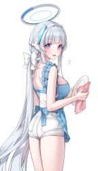 Rule 34 | 1girl, absurdres, alternate costume, alternate hairstyle, apron, back, blue apron, blue archive, blunt bangs, blush, bow, breasts, commentary, cowboy shot, denim, denim shorts, frilled apron, frills, grey hair, hair bow, hair intakes, halo, highres, holding, holding plate, holding towel, long hair, looking at viewer, looking back, low ponytail, mechanical halo, medium breasts, miho (mymiho), noa (blue archive), notice lines, open mouth, plate, purple eyes, shirt, shirt tucked in, short shorts, shorts, sidelocks, simple background, smile, solo, standing, strapless, strapless shirt, towel, very long hair, white background, white bow, white halo, white shirt, white shorts
