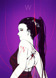 Rule 34 | 1girl, back, back tattoo, bare shoulders, body writing, breasts, dress, earrings, eyelashes, female focus, from behind, gradient background, hair slicked back, highres, initial, jewelry, long hair, looking at viewer, looking back, makeup, monochrome, overwatch, overwatch 1, pale skin, ponytail, profile, red eyes, solo, spider tattoo, spot color, string, stud earrings, tattoo, upper body, widowmaker (overwatch)