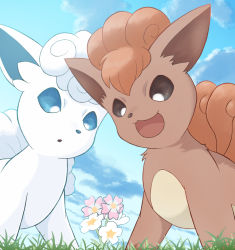 Rule 34 | :d, alolan form, alolan vulpix, cloud, commentary request, creatures (company), day, flower, from below, game freak, gen 1 pokemon, gen 7 pokemon, grass, looking down, nintendo, no humans, open mouth, outdoors, pink flower, pokemon, pokemon (creature), rumine (yoshi1234567), sky, smile, tongue, vulpix, white flower