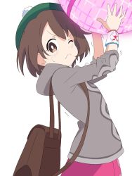 Rule 34 | 1girl, arms up, backpack, bad id, bad twitter id, bag, ball, brown eyes, brown hair, cardigan, carrying, closed mouth, commentary, creatures (company), dress, from side, frown, game freak, gloria (pokemon), green hat, grey cardigan, hat, holding, holding ball, hood, hood down, hooded cardigan, ilyfon133, long sleeves, looking at viewer, nintendo, one eye closed, pink dress, poke ball, pokemon, pokemon swsh, short hair, simple background, solo, standing, sweatdrop, tam o&#039; shanter, trembling, white background, wristband