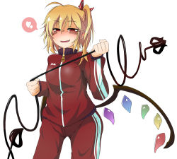 Rule 34 | 1girl, ahoge, alternate costume, bacho, blonde hair, blush, bow, fangs, female focus, flandre scarlet, hair bow, heart, highres, laevatein, looking at viewer, pointy ears, red eyes, side ponytail, simple background, smile, solo, spoken heart, sweat, touhou, track suit, white background, wings